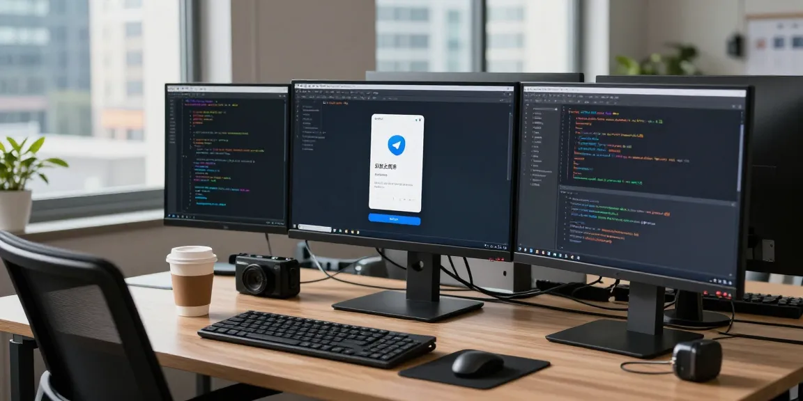 Developer setting Telegram Chinese language in a modern tech workspace.