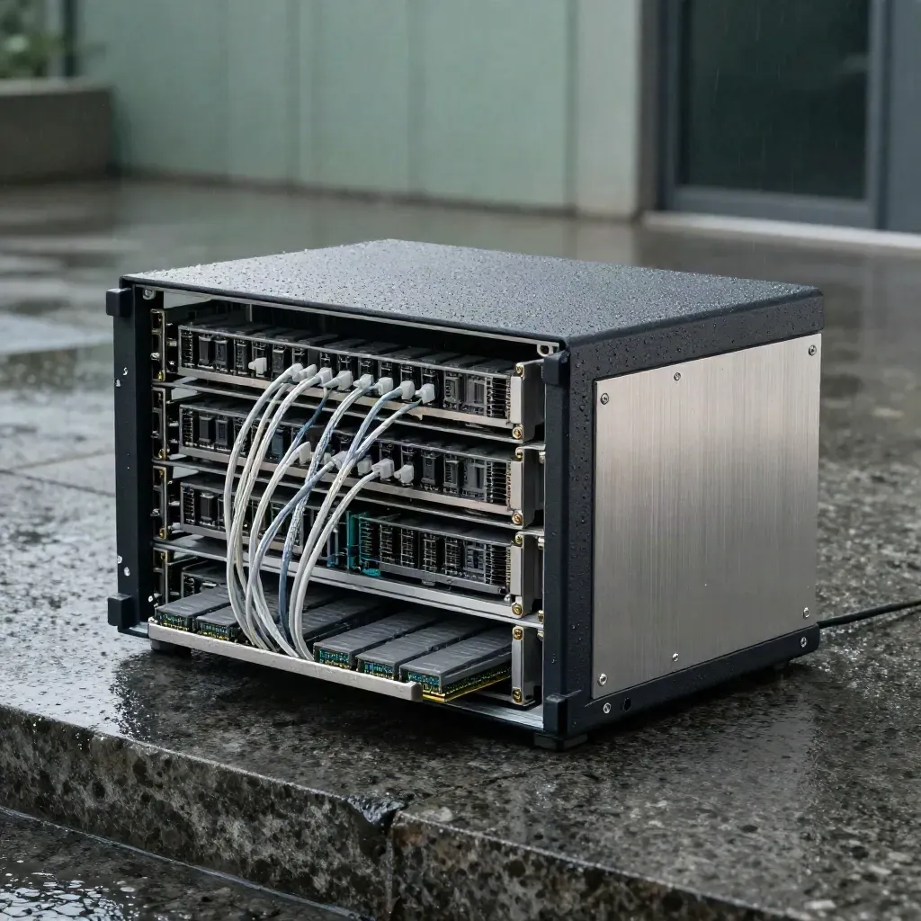Open server chassis with NVMe trays on wet stone, braided fiber loops, cool dawn light.