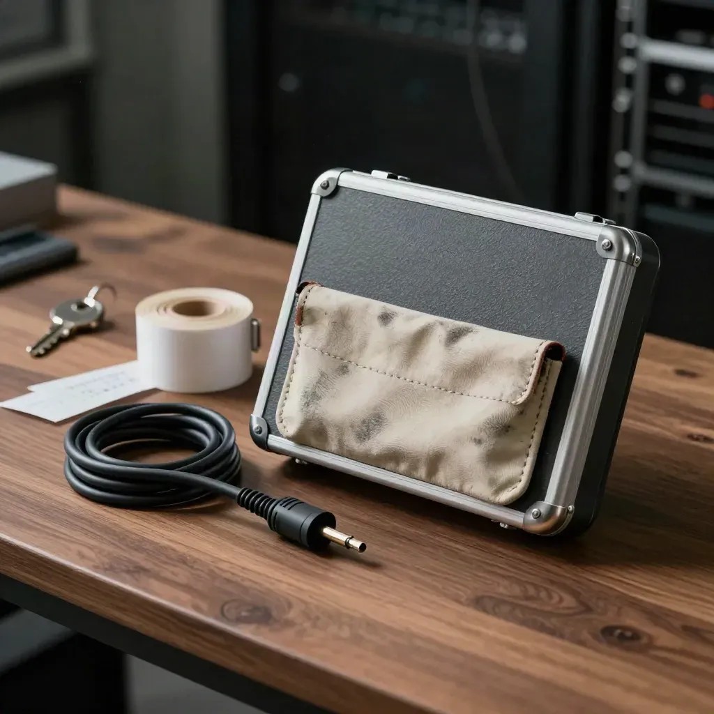 Open backup case, pouch, cable and tracing roll on a walnut bench in moody light