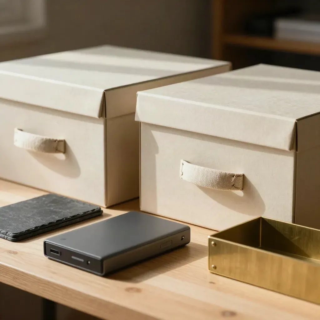 Archival boxes, binder, backup drive and brass dividers on pale wood in soft daylight.