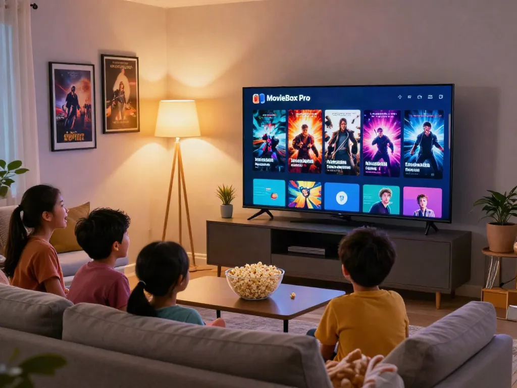 Family enjoying the MovieBox Pro App in a cozy living room with vibrant movie selections.
