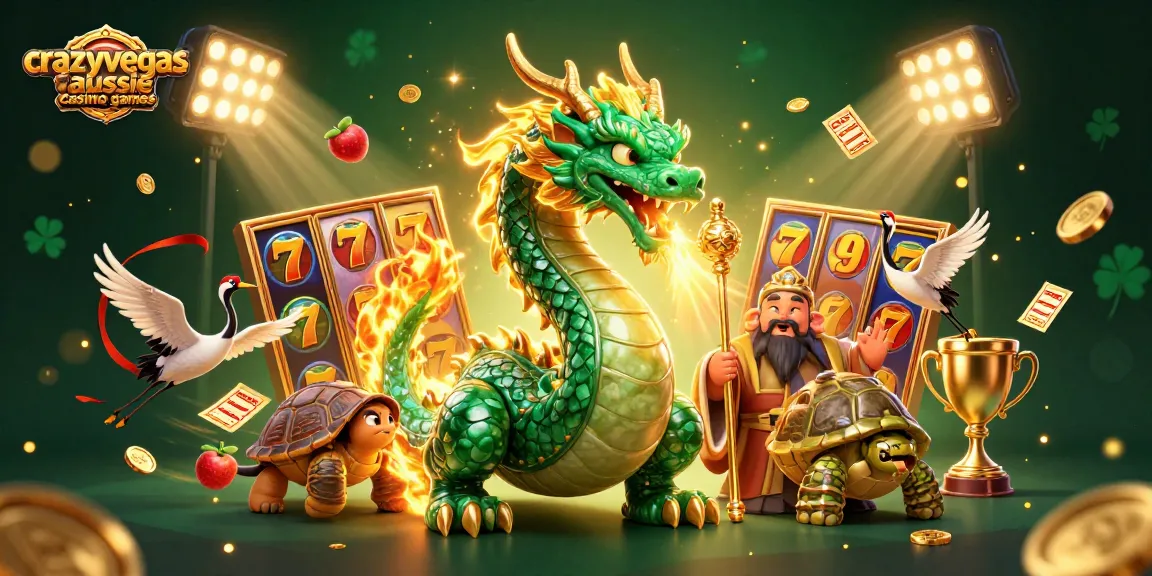 Play thrilling crazyvegas aussie casino games with jade dragon and turtle sage amidst vibrant slots and gold!