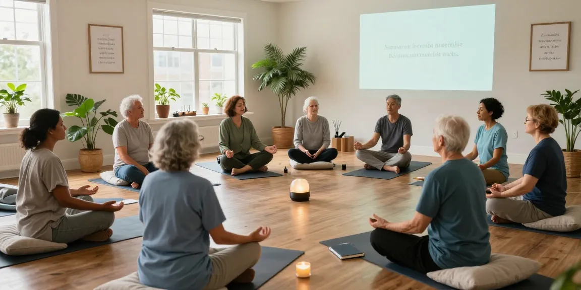 Veteran wellness services through mindfulness workshop with diverse group in calming setting.
