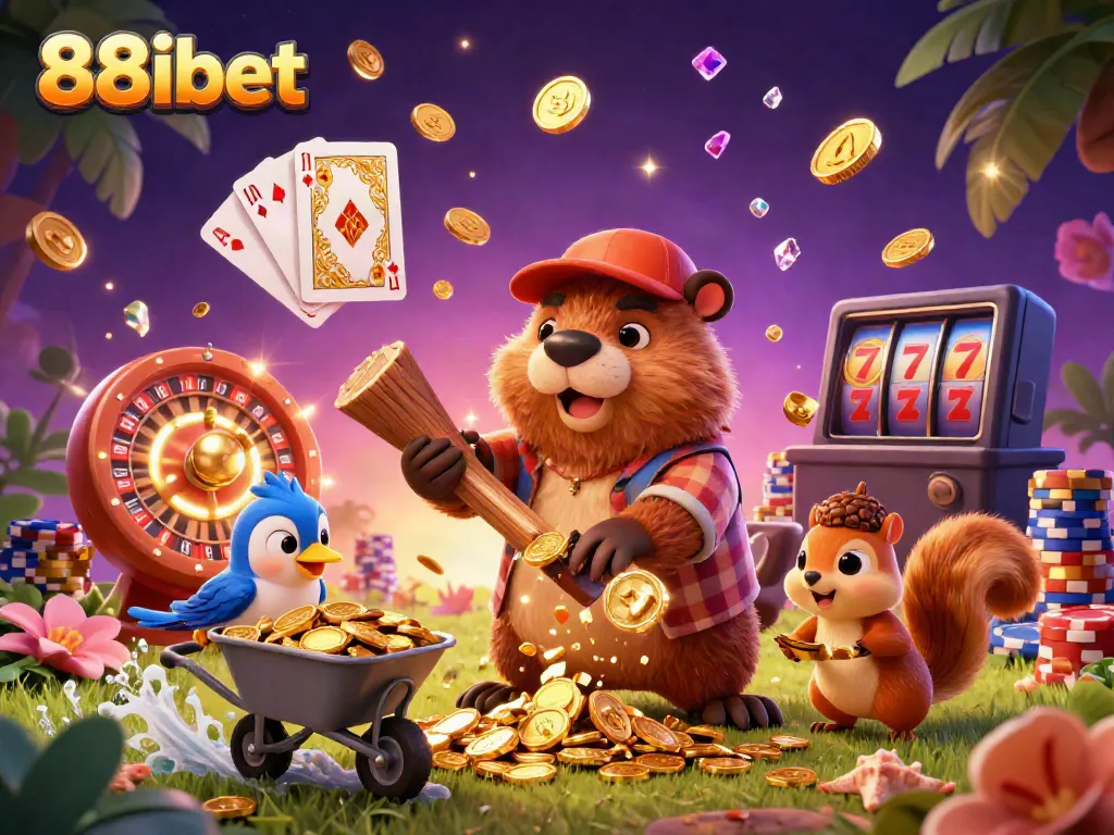 88ibet showcases thrilling gaming action with a cartoon beaver, coins, and casino elements in a vibrant scene.