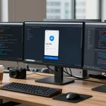 Developer setting Telegram Chinese language in a modern tech workspace.