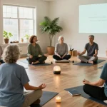 Veteran wellness services through mindfulness workshop with diverse group in calming setting.